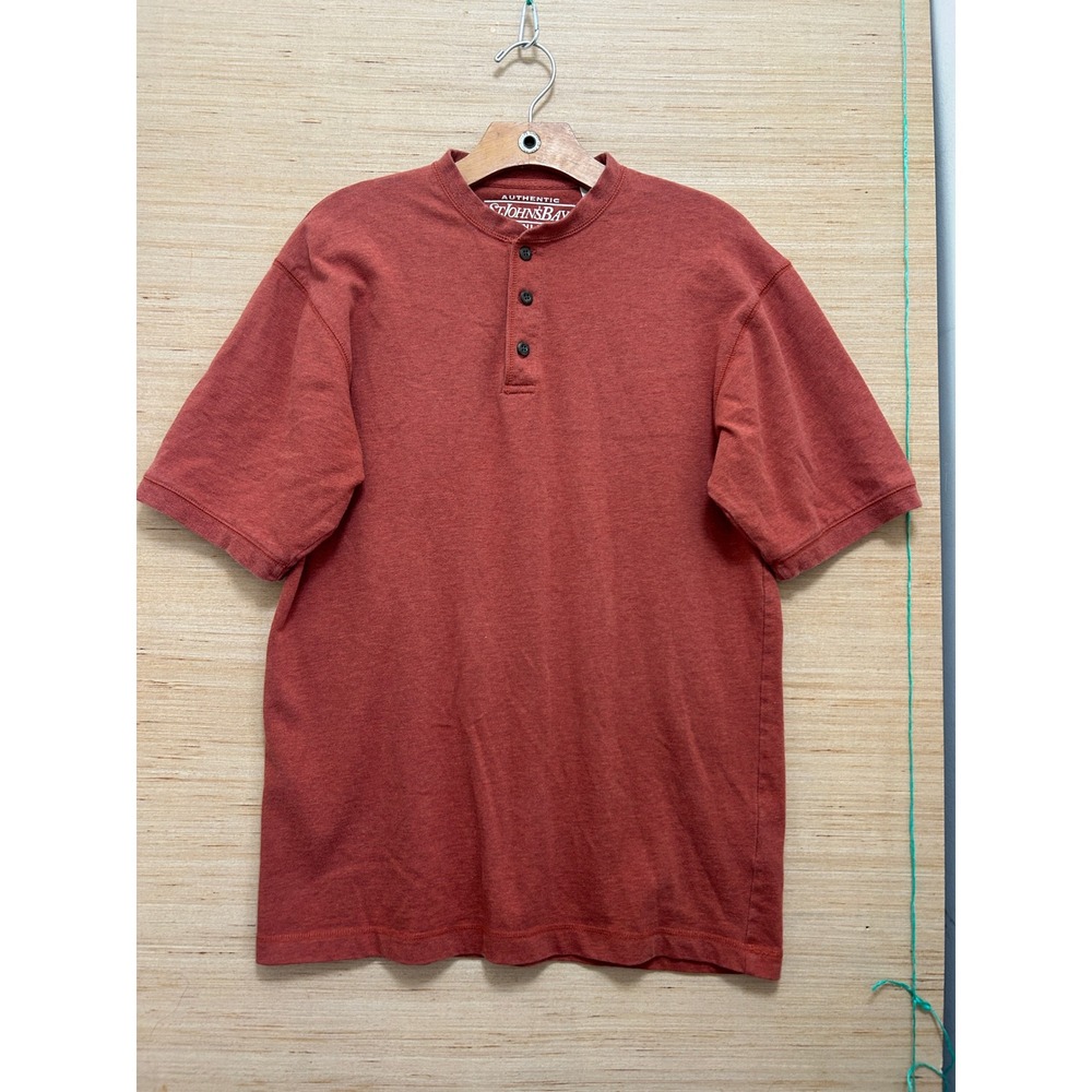 St Johns Bay Mens Small Red Henley Shirt Short Sleeve 100% Cotton Regular Fit